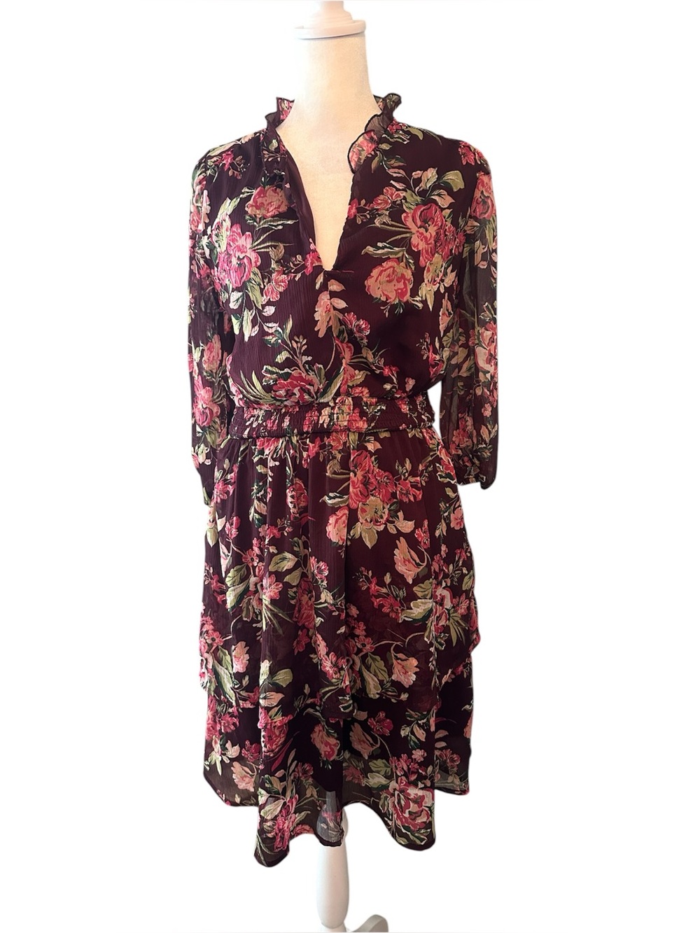 Medium Harlow & Rose burgundy floral sheer ruffle midi dress boho hippie farm